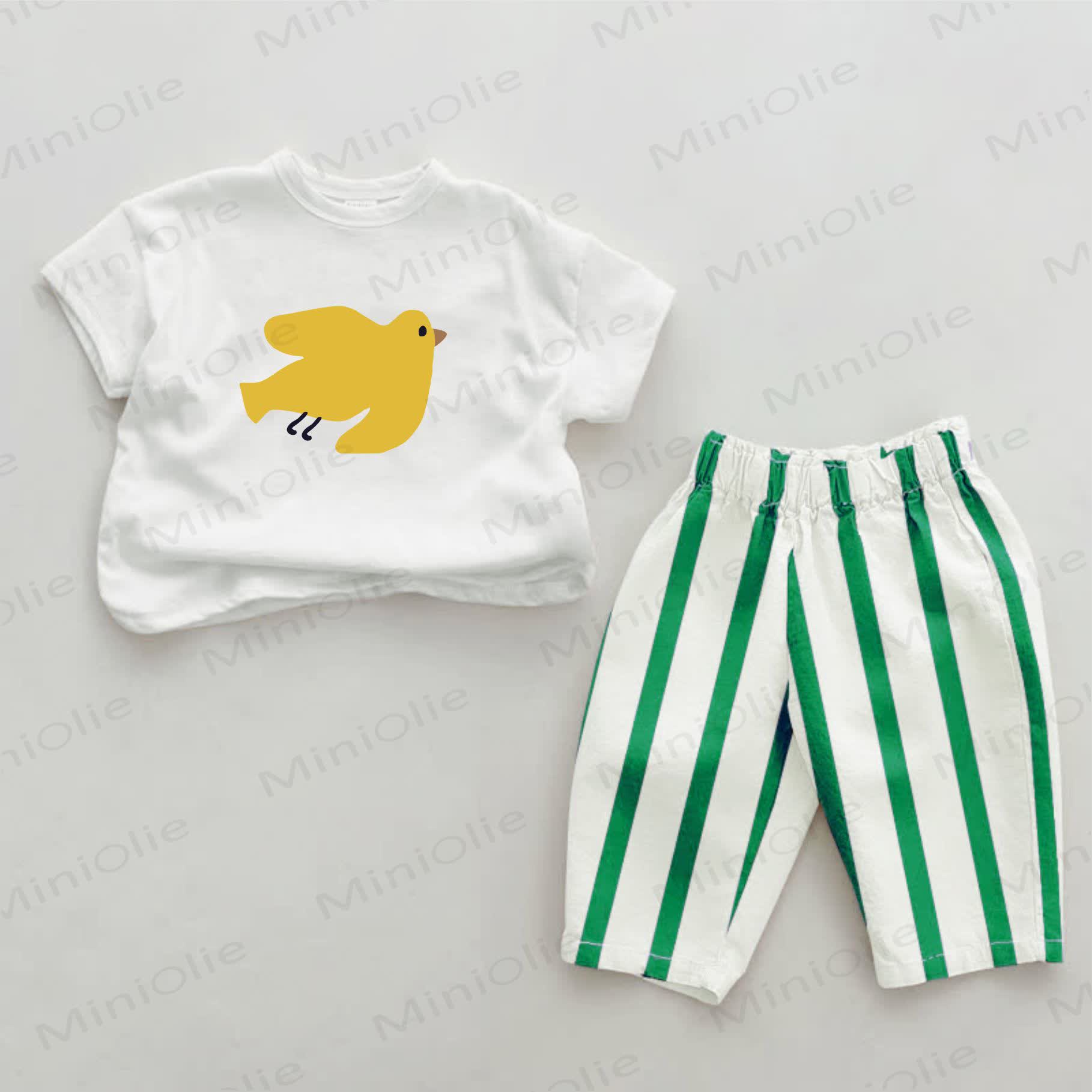 Baby Green Little Bird Vertical Striped 2-piece Set - White&Green - 2-3T - image 1