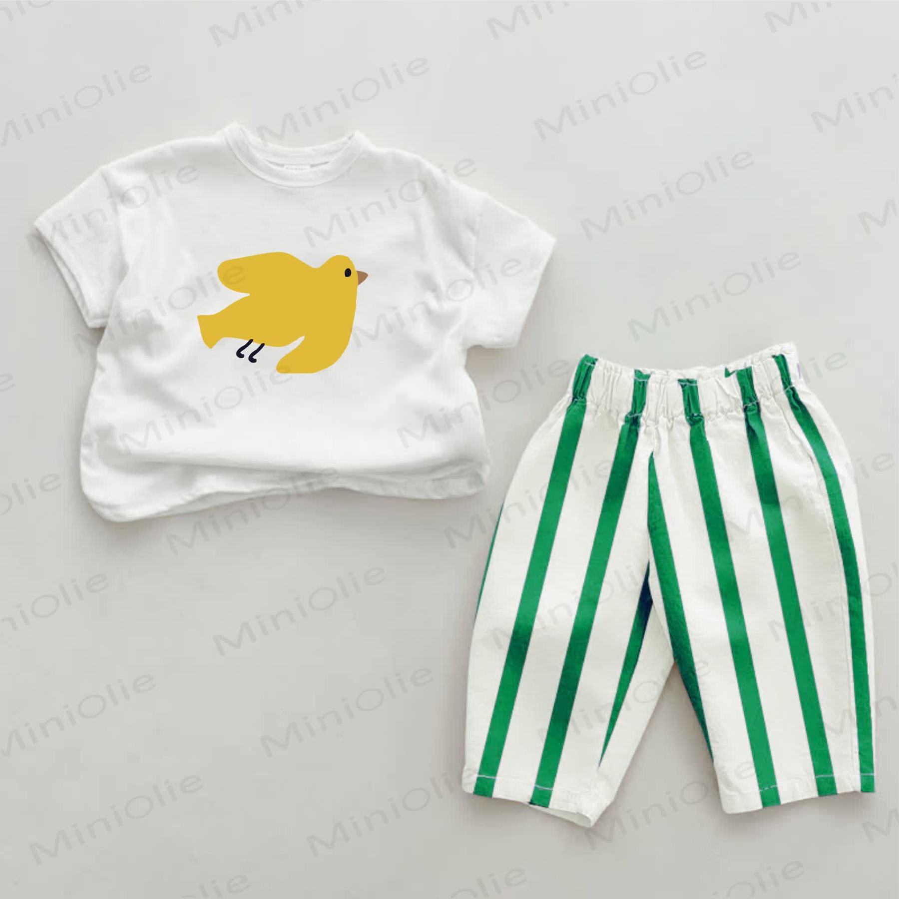 Baby Green Little Bird Vertical Striped 2-piece Set - White&Green - 2-3T - image 1