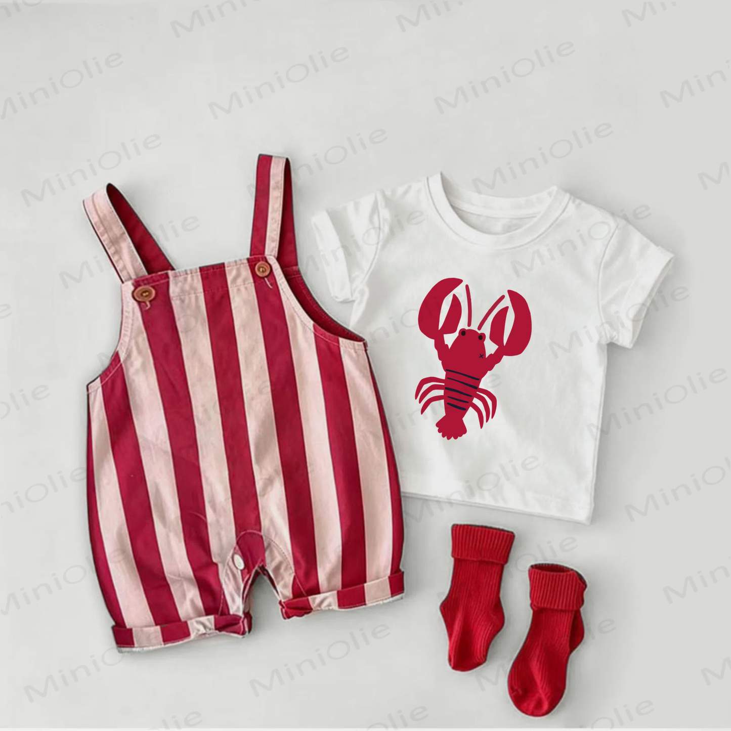 Baby Lobster Red Stripe Overalls and White Tee 2-piece Set - White&Red - 2-3T - image 1