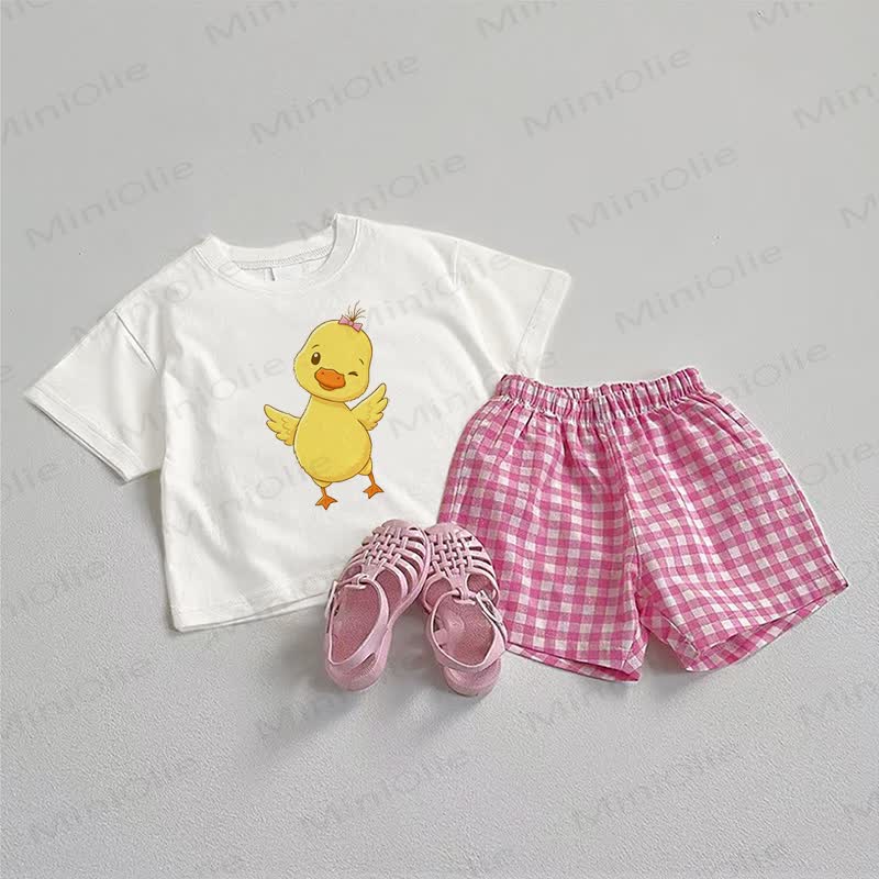 Baby Duck Tee and Plaid Shorts 2-Piece Set - White&Pink - 3-5T - image 1