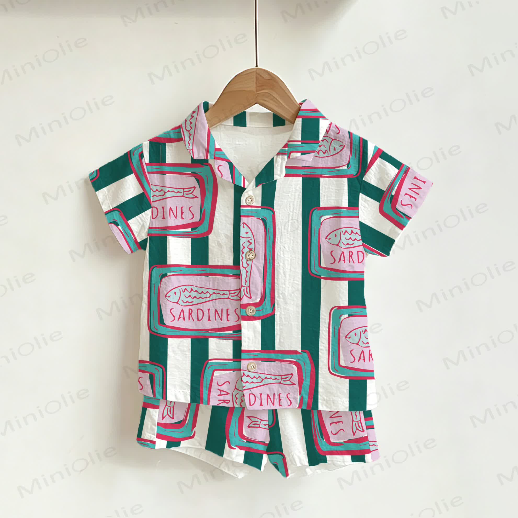 SARDINES Toddler Boys Stripe Sardines Print Shirt and Shorts 2-piece Set - White - 6-7T - image 1