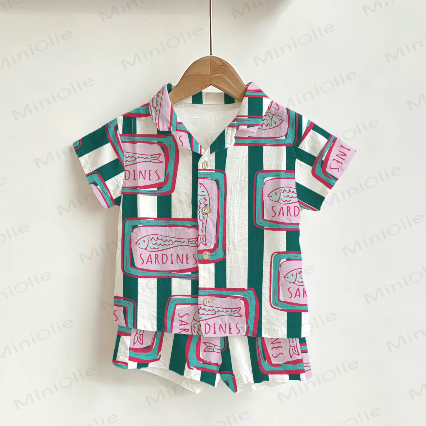 SARDINES Toddler Boys Stripe Sardines Print Shirt and Shorts 2-piece Set - White - 6-7T - image 1