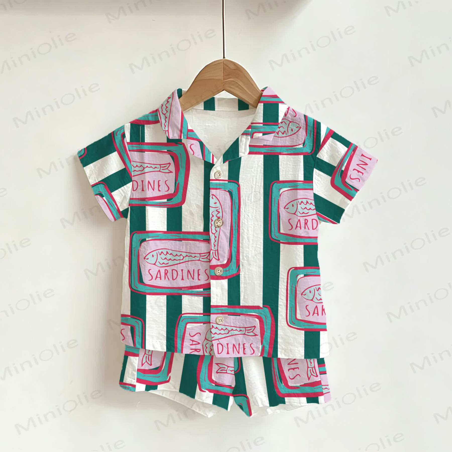 SARDINES Toddler Boys Stripe Sardines Print Shirt and Shorts 2-piece Set - White - 6-7T - image 1