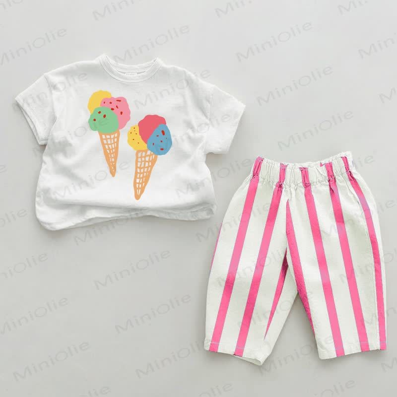 Baby Ice Cream Pattern Pink Vertical Striped 2-piece Set - White&Pink - 2-3T - image 1