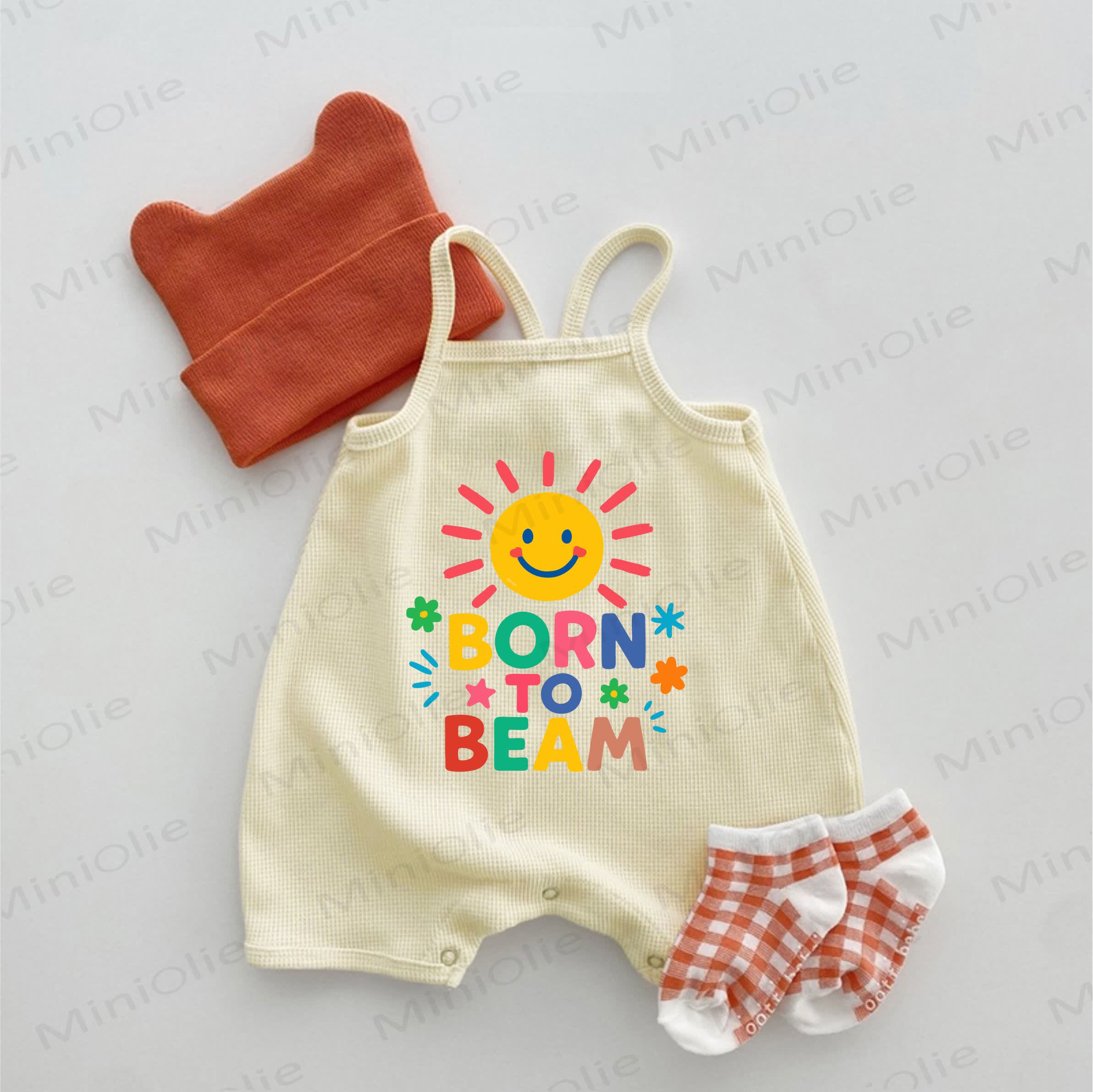 BORN TO BEAM Baby Waffle Suspenders Sun Print Romper - Beige - 18-24M - image 1