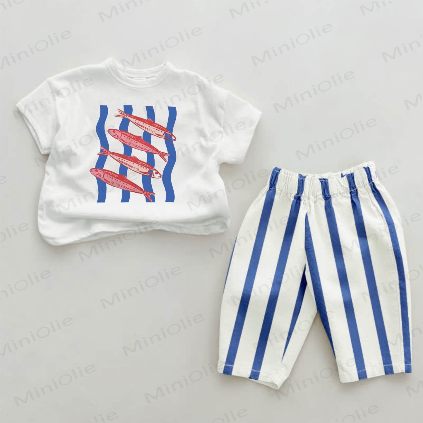Baby Sardine Print Blue Vertical Striped 2-piece Set - White&Blue - 2-3T - image 1