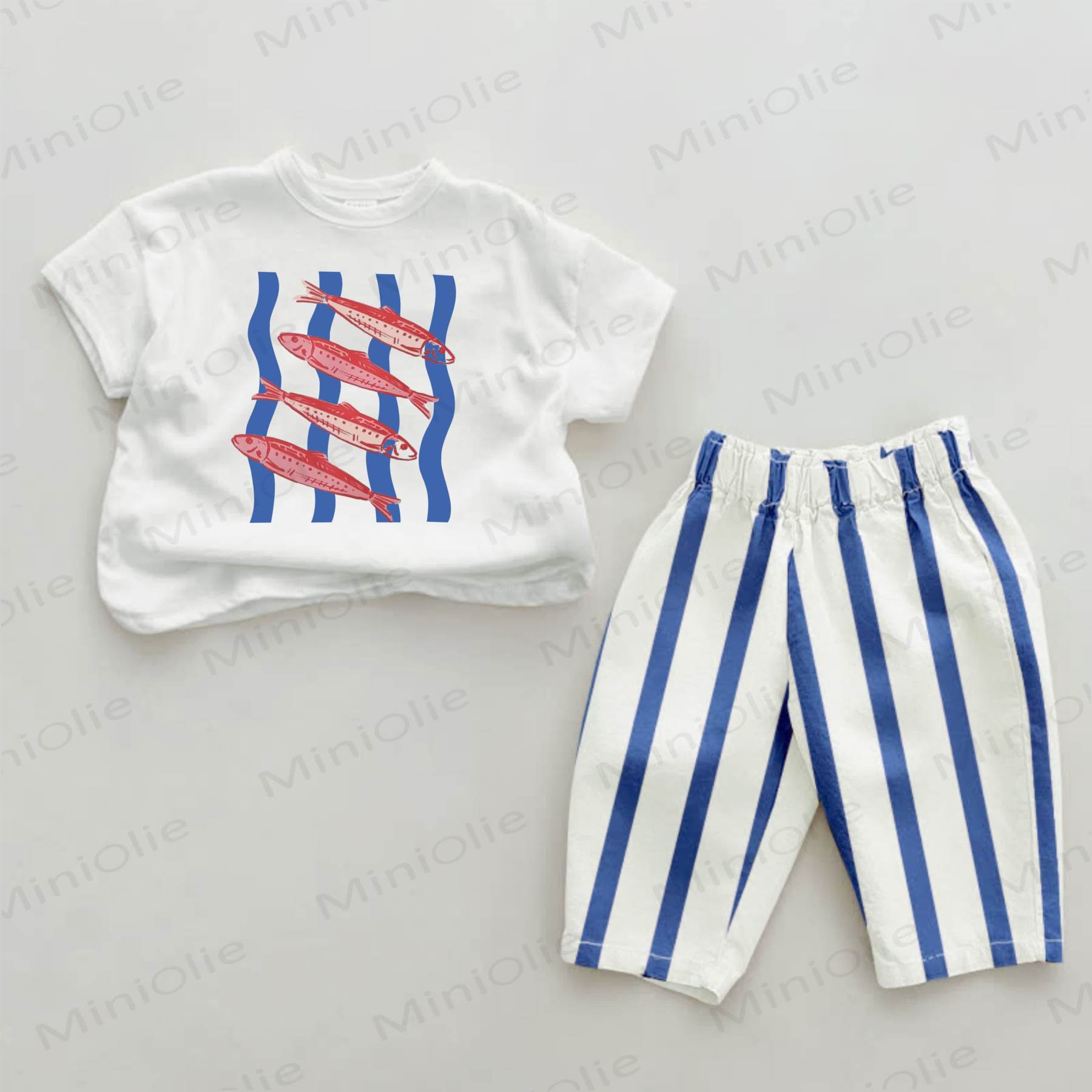 Baby Sardine Print Blue Vertical Striped 2-piece Set - White&Blue - 2-3T - image 1