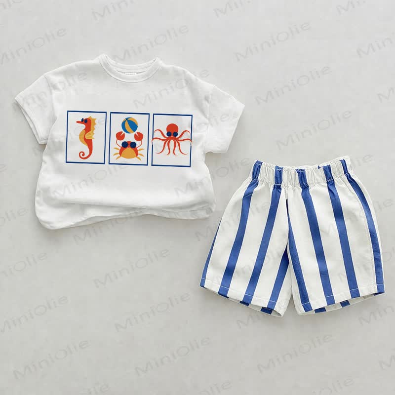 Baby Blue Marine Animal Prints Vertical Striped 2-piece Shorts Set - White&Blue - 2-3T - image 1