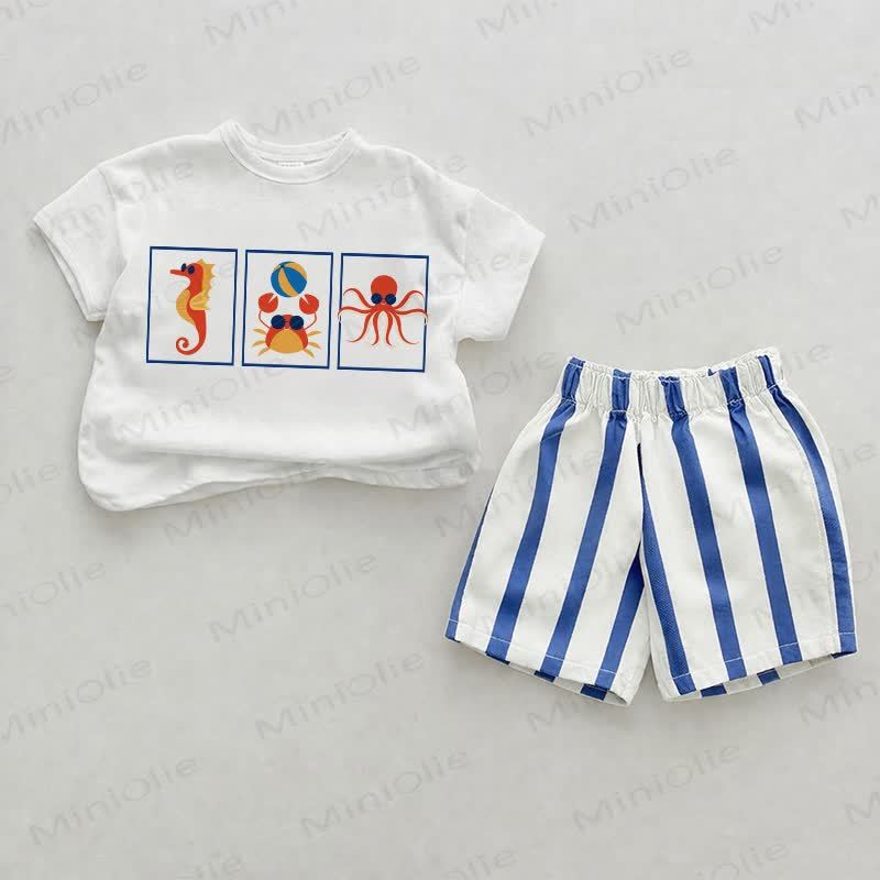 Baby Blue Marine Animal Prints Vertical Striped 2-piece Shorts Set - White&Blue - 2-3T - image 1