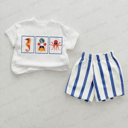 Baby Blue Marine Animal Prints Vertical Striped 2-piece Shorts Set - White&Blue - 2-3T - image 1