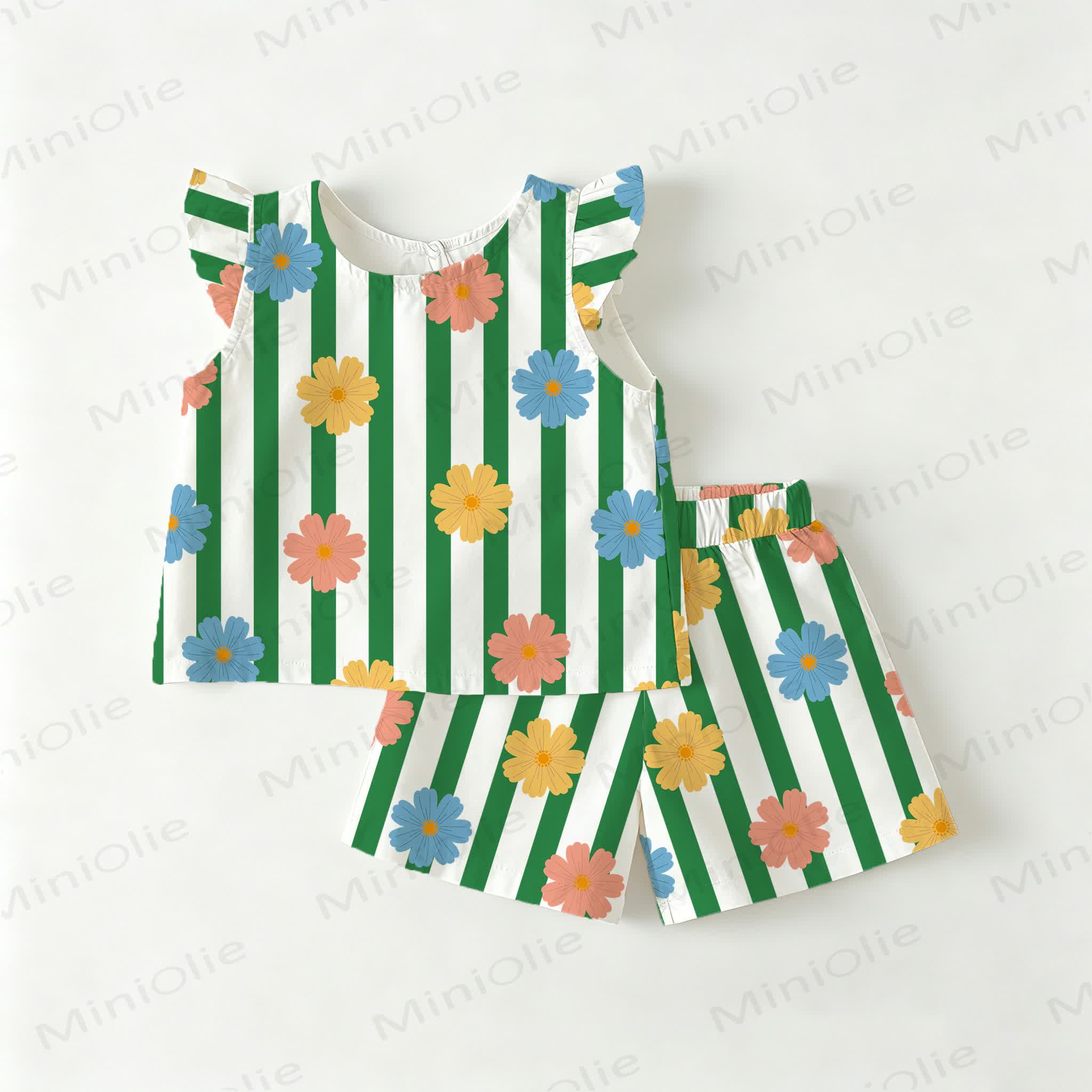 Baby Toddler Flower Green Striped Flutter Sleeve 2-piece Set - White - 3-4T - image 1