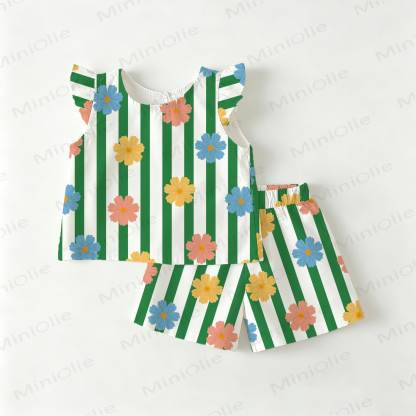 Baby Toddler Flower Green Striped Flutter Sleeve 2-piece Set - White - 3-4T - image 1