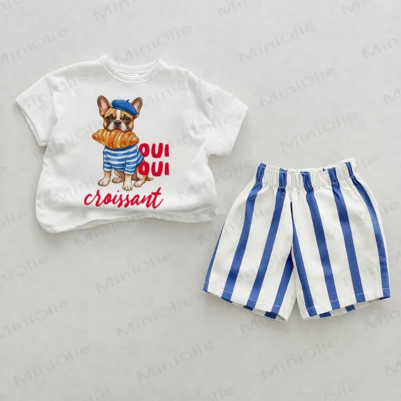 OUI OUI CROISSANT Baby Blue Dog Vertical Striped 2-piece Set - White&Blue - 2-3T - image 1