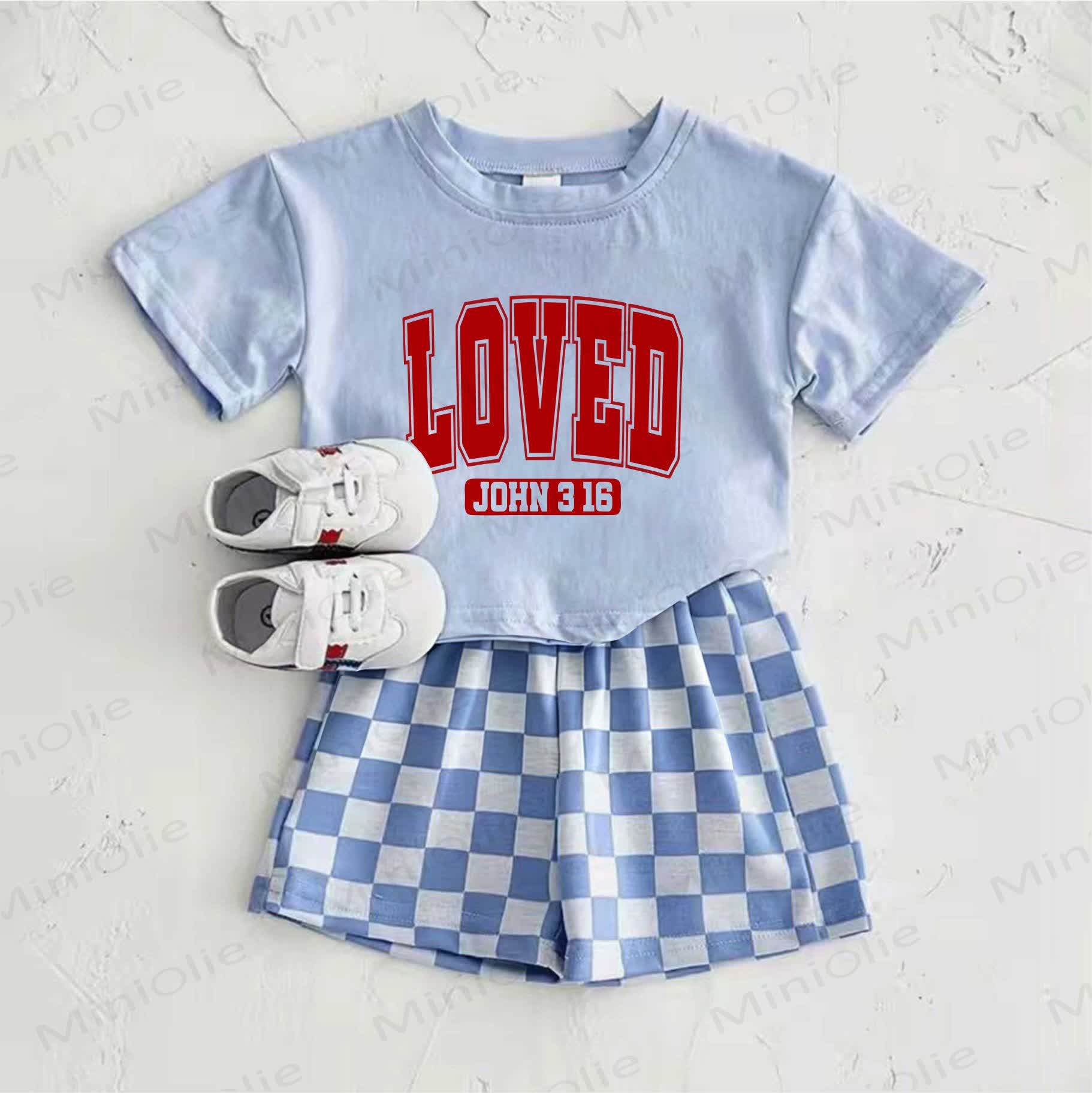 LOVED JOHN 3 16 Baby Blue Slogan T-shirt and Plaid Pants 2-Piece Set - Blue - 2-3T - image 1