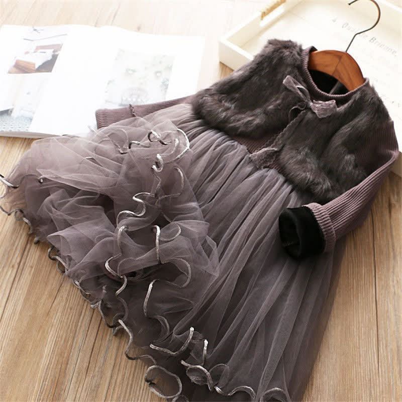 Toddler Girl Imitation Mink Fur Mesh Tutu Dress - Grey - 10Y - image 3