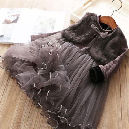 Toddler Girl Imitation Mink Fur Mesh Tutu Dress - Grey - 10Y - image 3