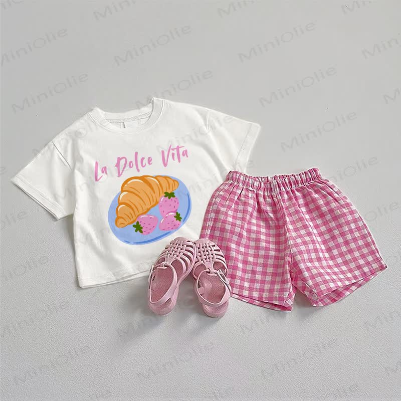 LA DOLCE VITA Baby Croissant Print Tee and Pink Plaid Shorts 2-Piece Set - White&Pink - 3-5T - image 1