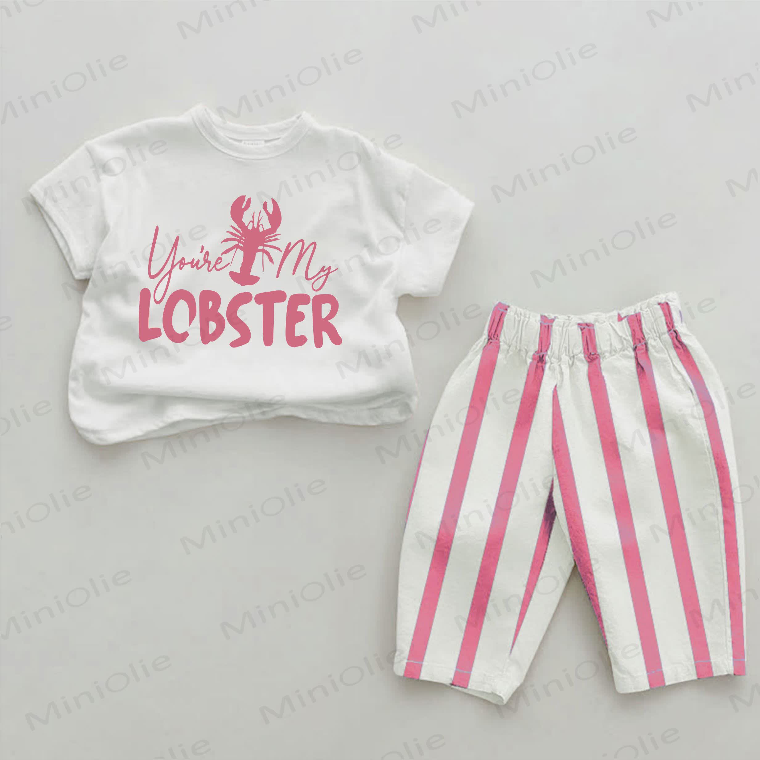 YOU'RE MY LOBSTER Baby Lobster Print Pink Vertical Striped 2-piece Set - White&Pink - 2-3T - image 1