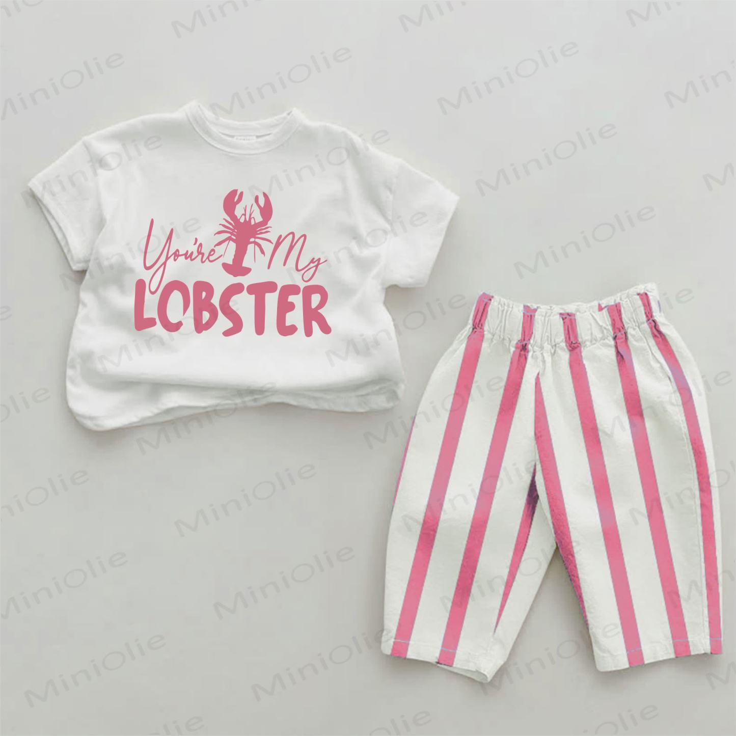 YOU'RE MY LOBSTER Baby Lobster Print Pink Vertical Striped 2-piece Set - White&Pink - 2-3T - image 1