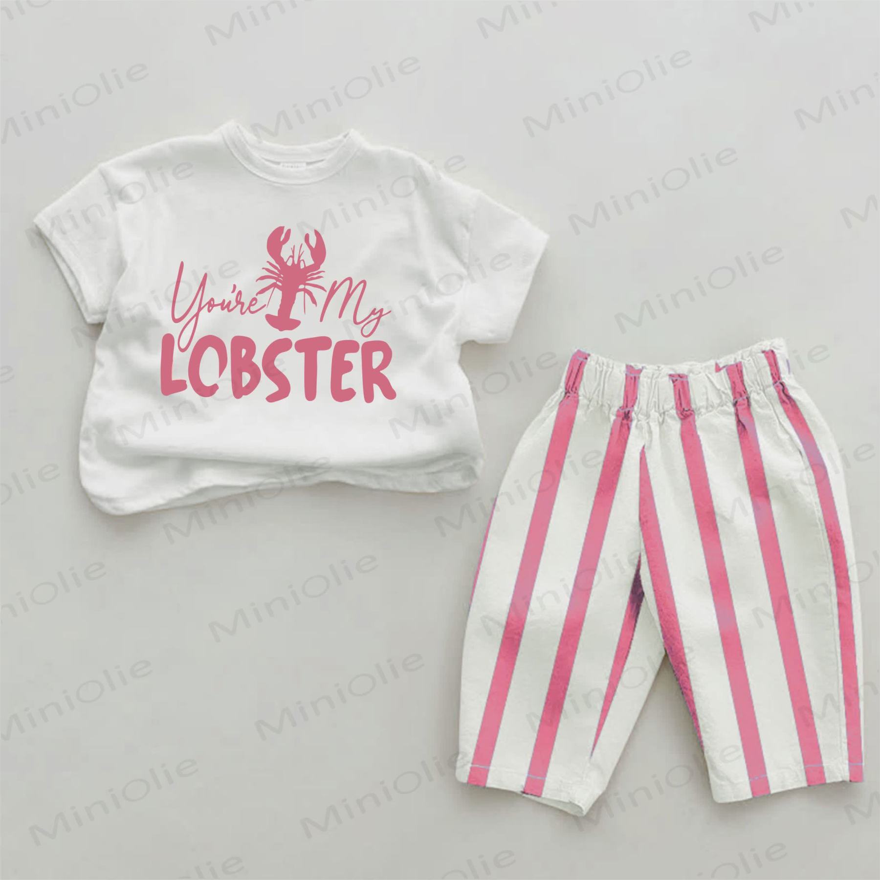 YOU'RE MY LOBSTER Baby Lobster Print Pink Vertical Striped 2-piece Set - White&Pink - 2-3T - image 1