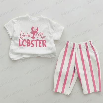YOU'RE MY LOBSTER Baby Lobster Print Pink Vertical Striped 2-piece Set - White&Pink - 2-3T - image 1