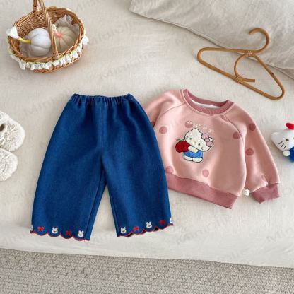 Baby Toddler Embroidered Bunny Bow Fleece Denim Pants - image 4