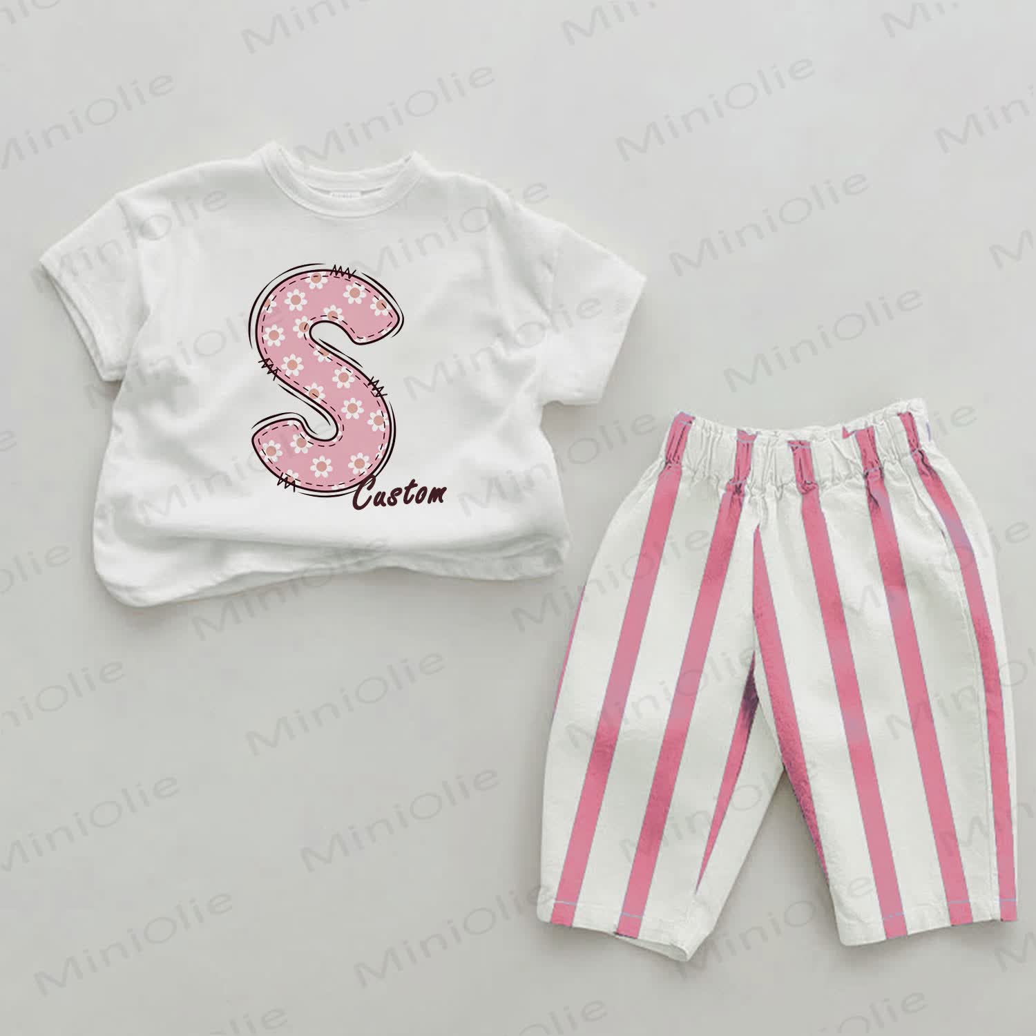 Personalize Baby Name Customization Letter Print Pink Striped 2-piece Set - image 1