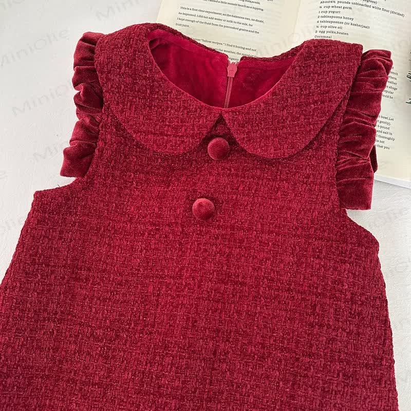 Toddler Solid Color Red Velvet Dress with Bow - image 4