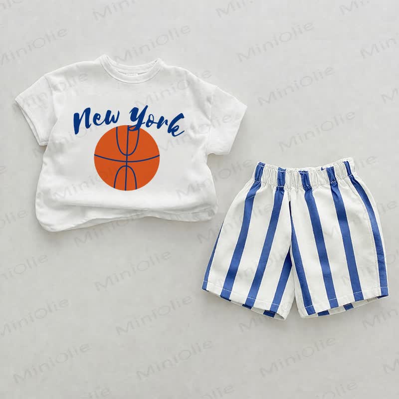 NEW YORK Baby Blue Basketball Vertical Striped 2-piece Shorts Set - White&Blue - 2-3T - image 1