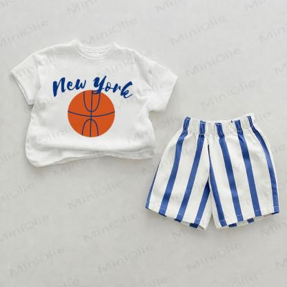 NEW YORK Baby Blue Basketball Vertical Striped 2-piece Shorts Set - White&Blue - 2-3T - image 1