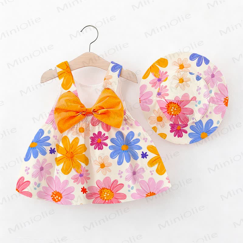 Baby Girl Orange Bow Daisy Print Dress with Hat - White - 2-3T - image 1