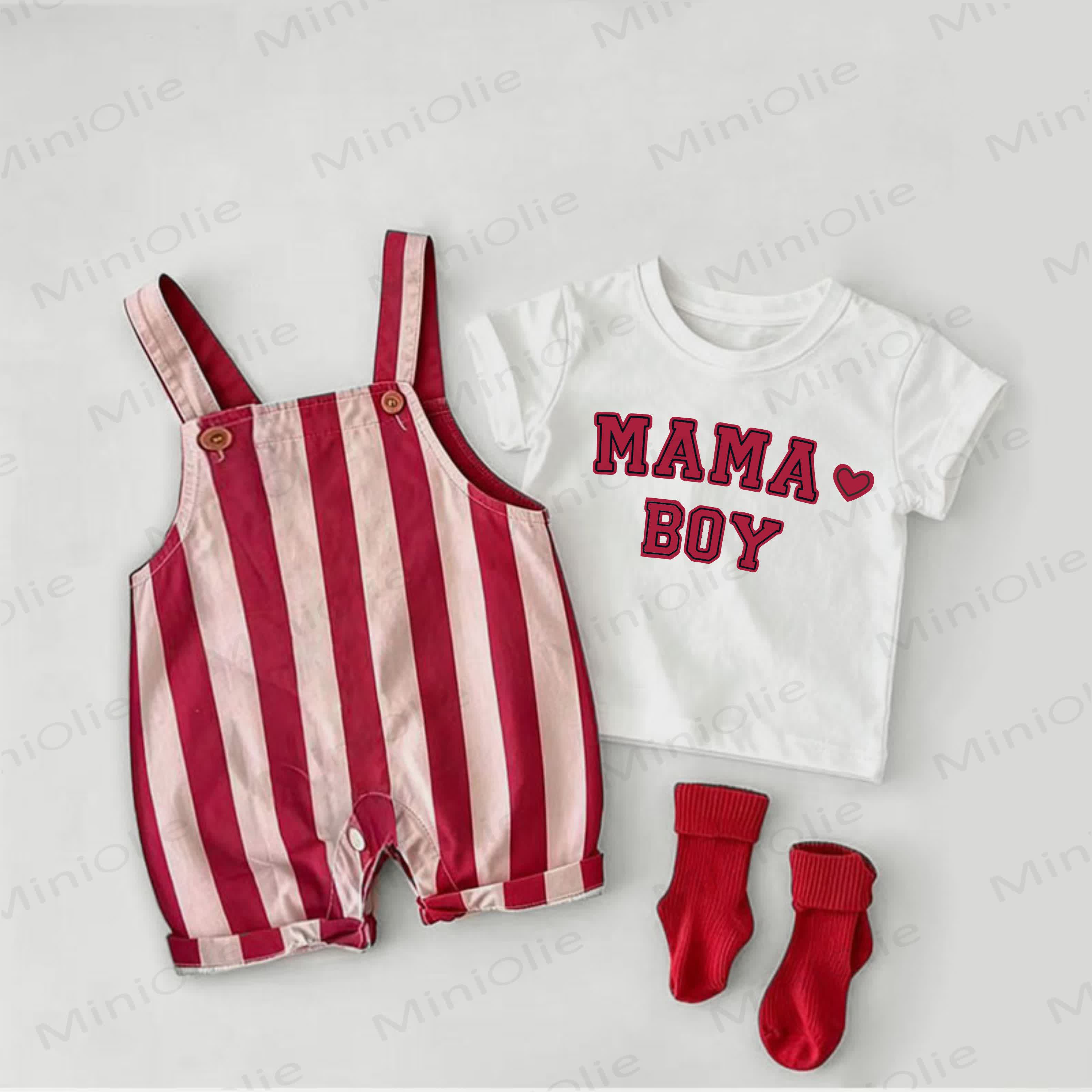 MAMA BOY Baby Boys Red Stripe Overalls and White Tee 2-piece Set - White&Red - 2-3T - image 1