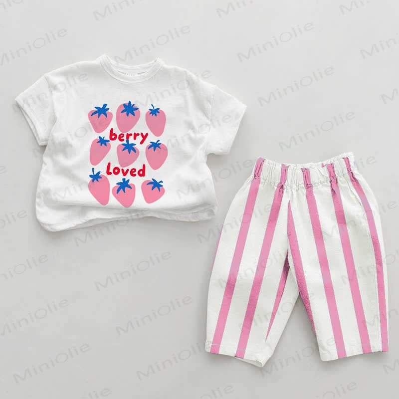 BERRY LOVED Baby Girl Strawberry Pink Vertical Striped 2-piece Set - White&Pink - 2-3T - image 1