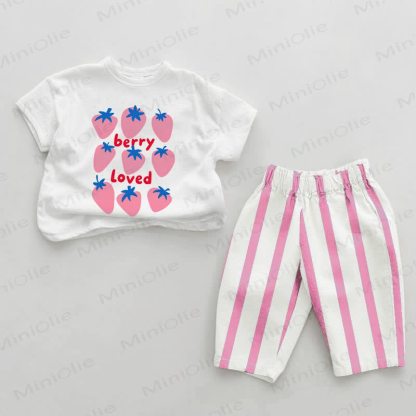 BERRY LOVED Baby Girl Strawberry Pink Vertical Striped 2-piece Set - White&Pink - 2-3T - image 1