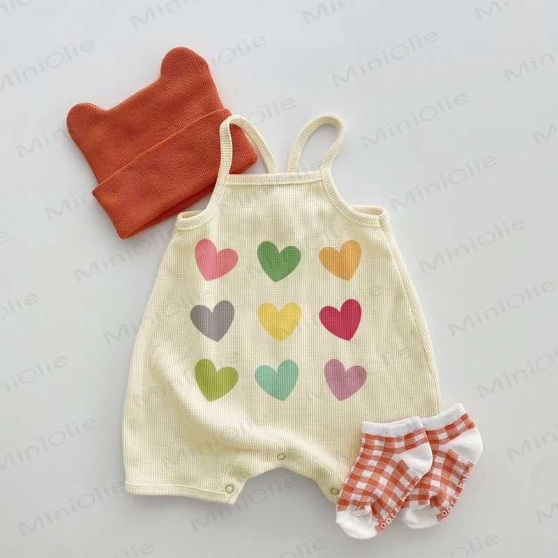 Baby Waffle Heart Print Suspenders Romper - Beige - 18-24M - image 1