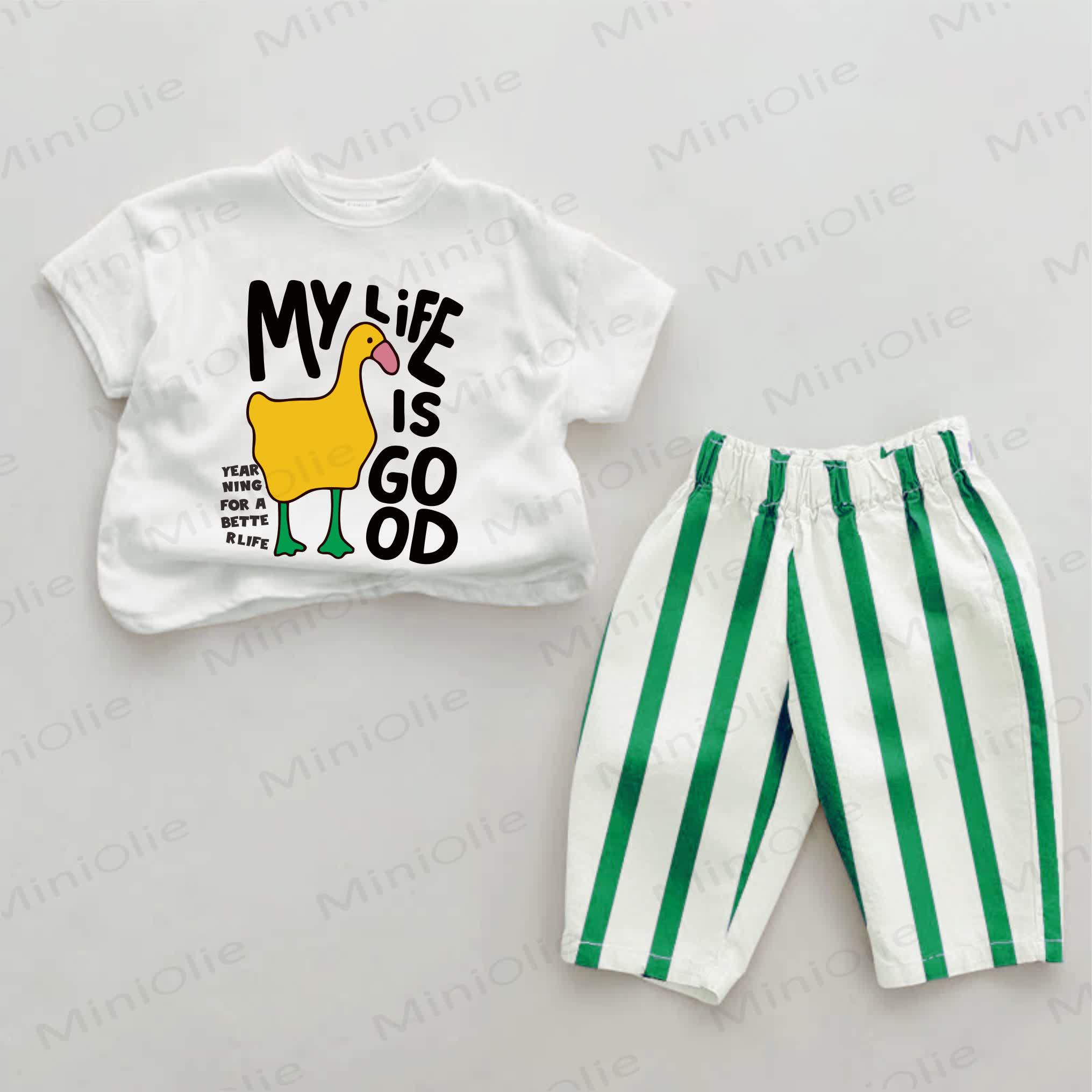 MY LIFE IS GOOD YEARNING FOR A BETTER LIFE Baby Green Duck Vertical Striped 2-piece Set - White&Green - 2-3T - image 1