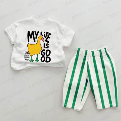 MY LIFE IS GOOD YEARNING FOR A BETTER LIFE Baby Green Duck Vertical Striped 2-piece Set - White&Green - 2-3T - image 1
