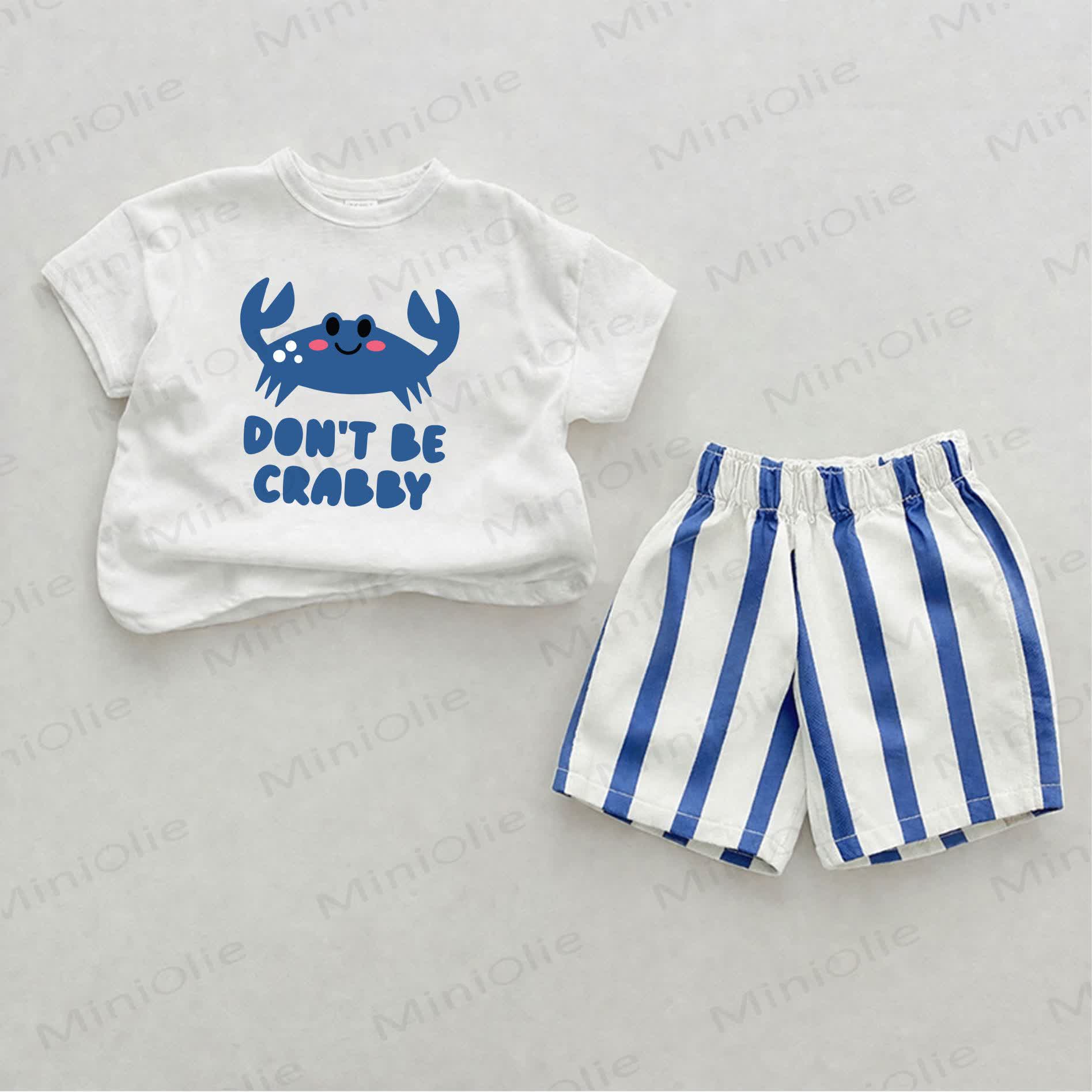 DON'T BE CRABBY Baby Crab Print Blue Vertical Striped 2-piece Shorts Set - White&Blue - 2-3T - image 1