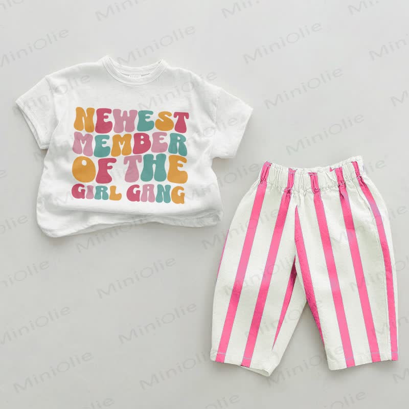 NEWEST MEMBER OF THE GIRL GANG Baby Pink Slogan Vertical Striped 2-piece Set - White&Pink - 2-3T - image 1