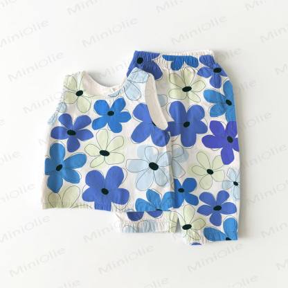 Baby Blue Flower Print 2-Piece Sleeveless Set - Beige - 3-4T - image 1