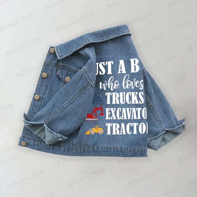 JUST A BOY WHO LOVES TRUCKS EXCAVATORS TRACTORS Toddler Kid Denim Jacket - Blue - 10-11T - image 1