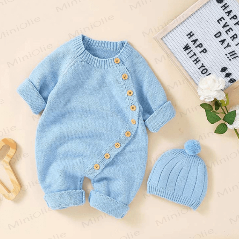 Baby Solid Color Knit Romper with Hat - Blue - 12-18M - image 14