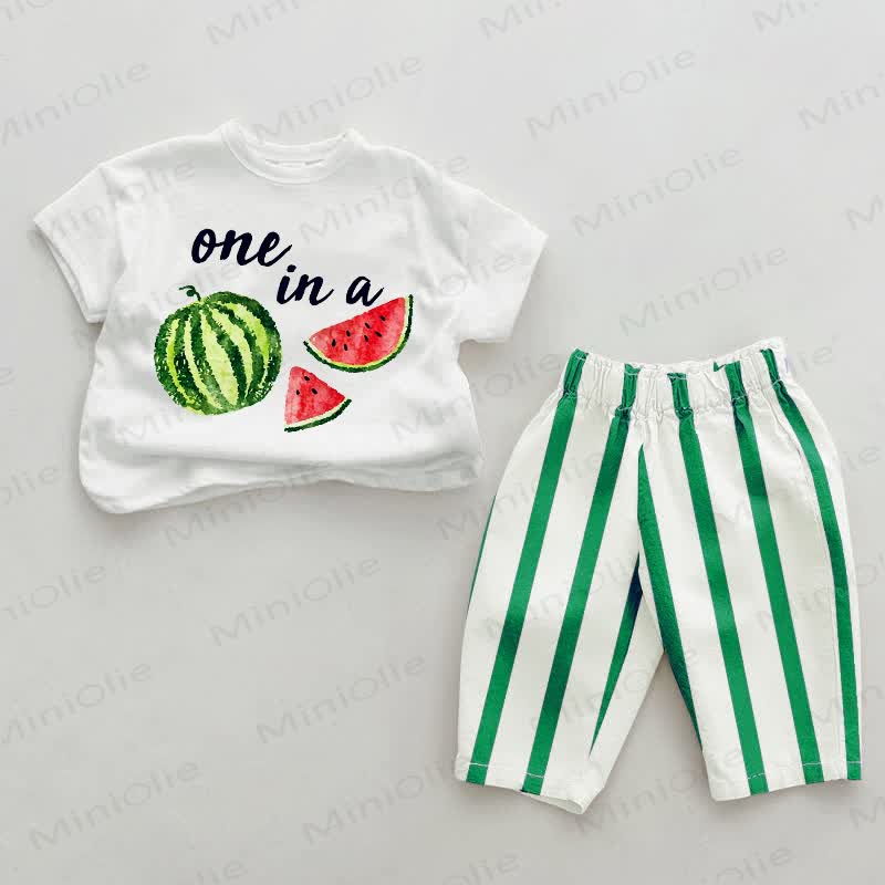 ONE IN A Baby Watermelon Green Striped 2-piece Set - White&Green - 2-3T - image 1