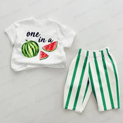 ONE IN A Baby Watermelon Green Striped 2-piece Set - White&Green - 2-3T - image 1