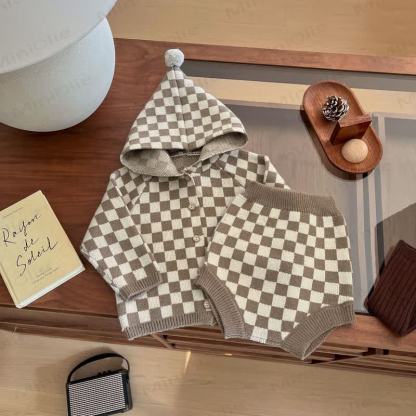 Baby Toddler Knit Hooded Top & Shorts 2-piece Set - Check - 3-5T - image 5