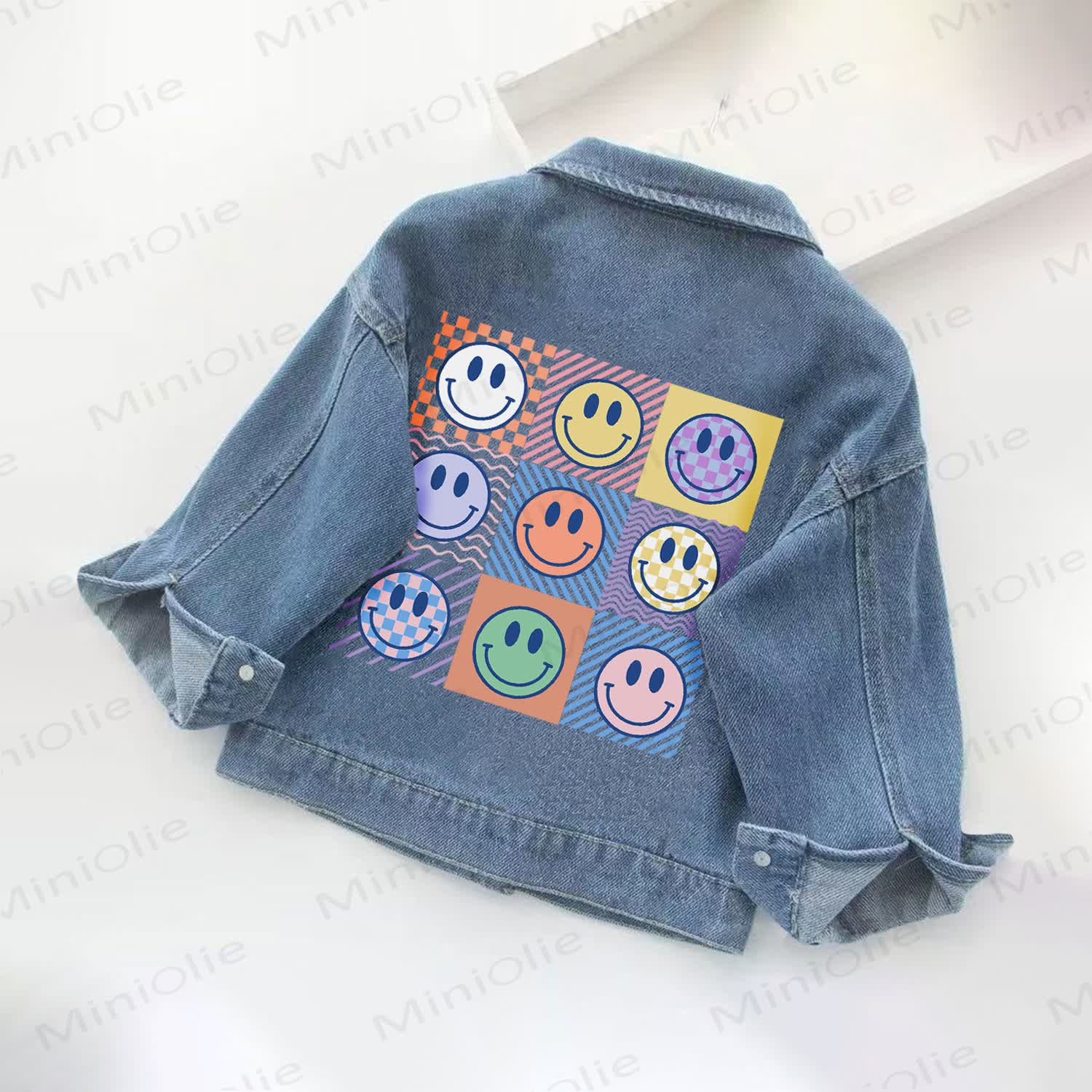 Toddler Kid Smile Face Print Gingham Denim Jacket - Blue - 10-11T - image 1