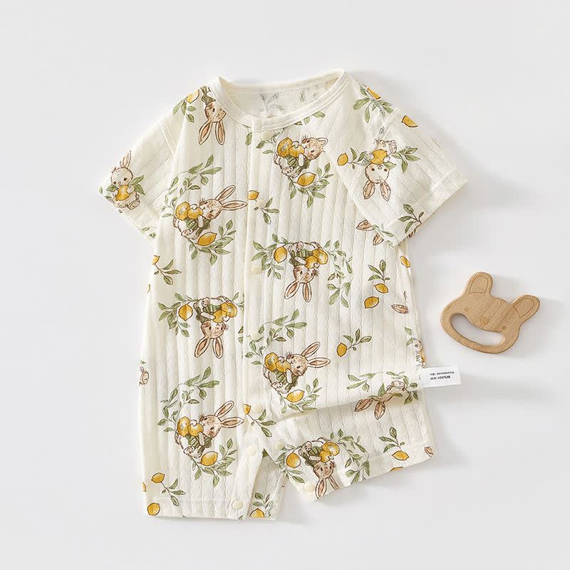 Baby Animal Print Soft Ribbed Short Sleeve Romper - White Lemon Bunny - 18-24M - image 3