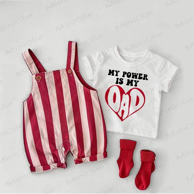MY POWER IS MY DAD Baby Heart Red Stripe Overalls and White Tee 2-piece Set - White&Red - 2-3T - image 1