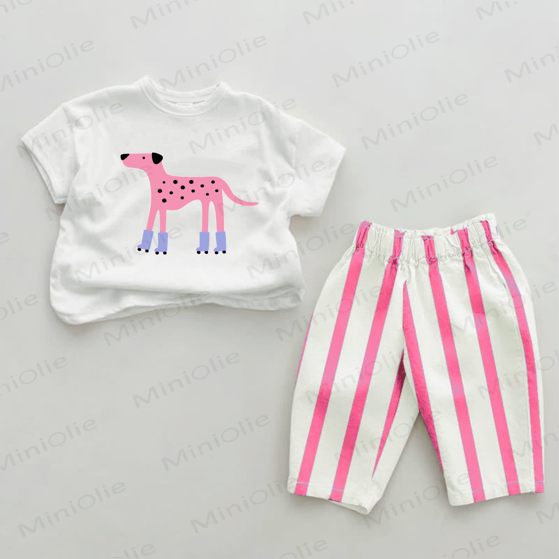 Baby Glasses Roller Skating Pink Leopard Pink Vertical Striped 2-piece Set - White&Pink - 2-3T - image 1