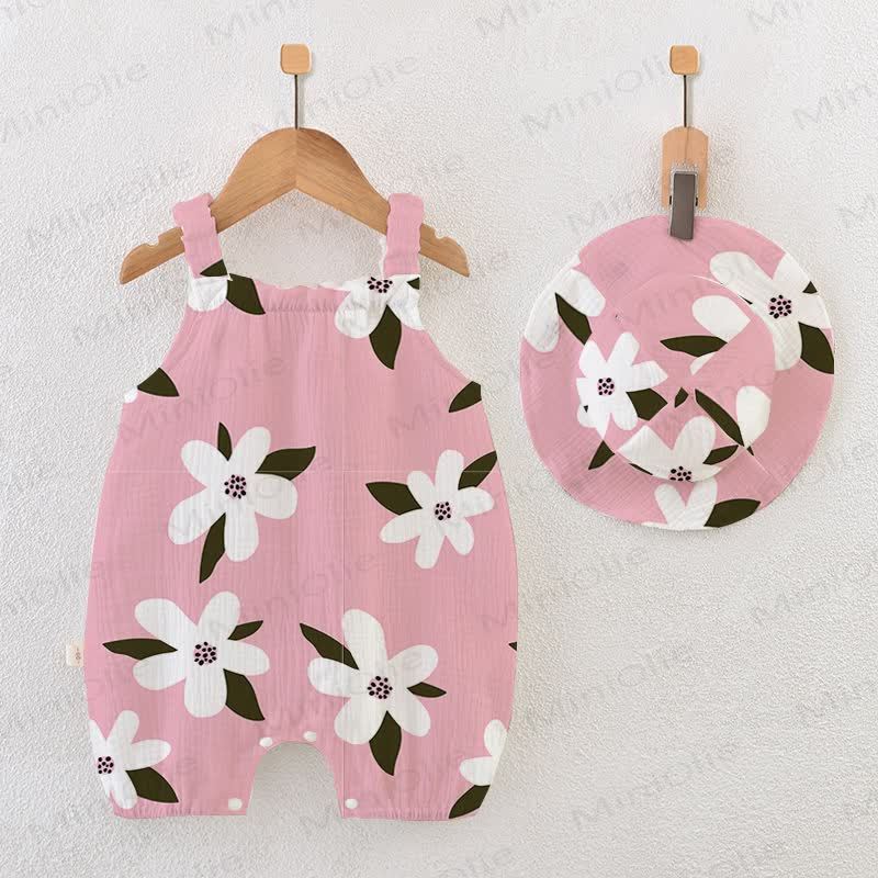 Baby White Flower Romper with Hat - Pink - 18-24M - image 1